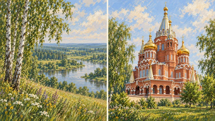 Живописная иллюстрация: природа Удмуртии и Михайловский собор Ижевска